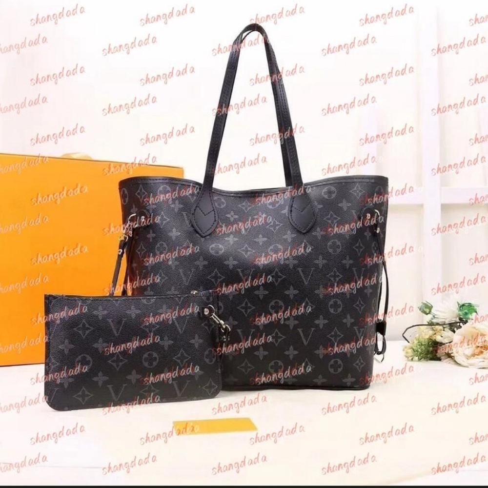 Designer-Inspired Black Monogram Tote Bag with Pouch